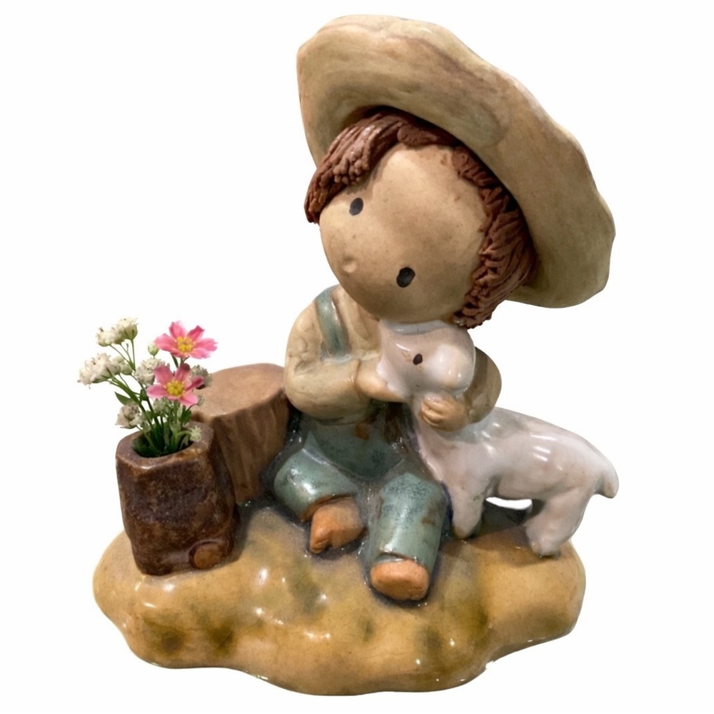 Vintage UCTCI Japan Porcelain Boy & Lamb Figurine w Bud Vase | 1960s